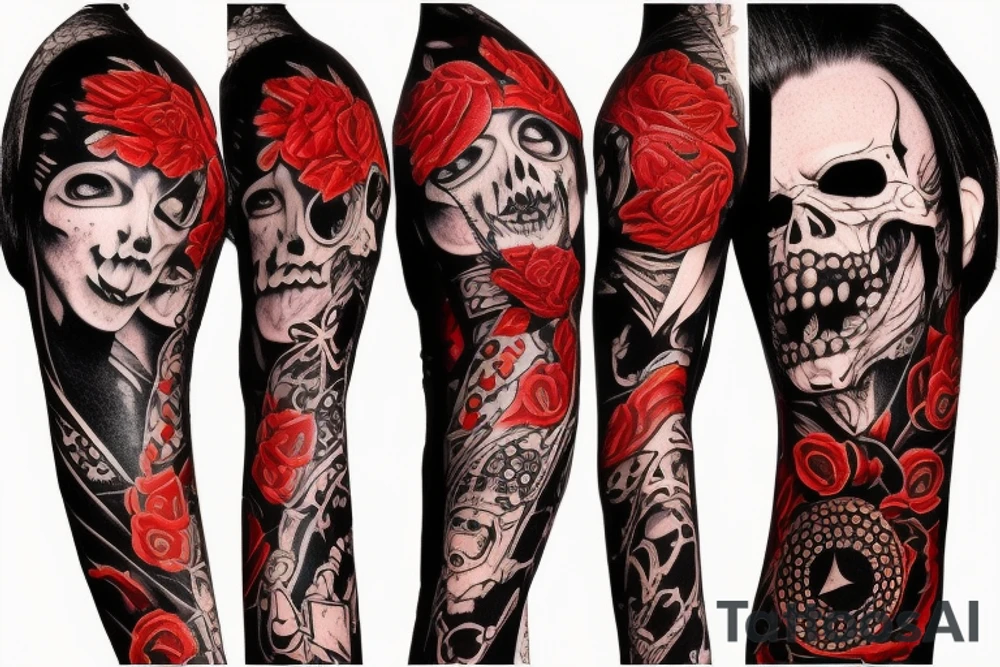 full sleeve with side neck, trash polka, , black and red tattoo idea