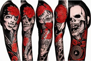 full sleeve with side neck, trash polka, , black and red tattoo idea
