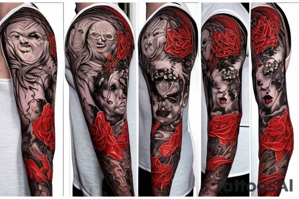 full sleeve with side neck, trash polka, , black and red tattoo idea