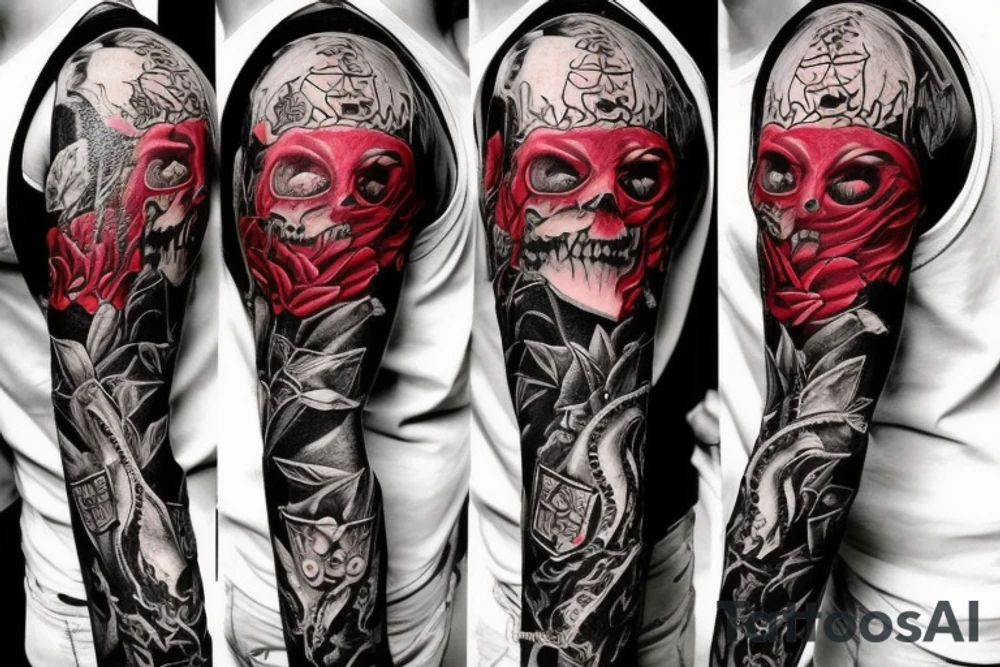 full sleeve with side neck, trash polka, , black and red tattoo idea