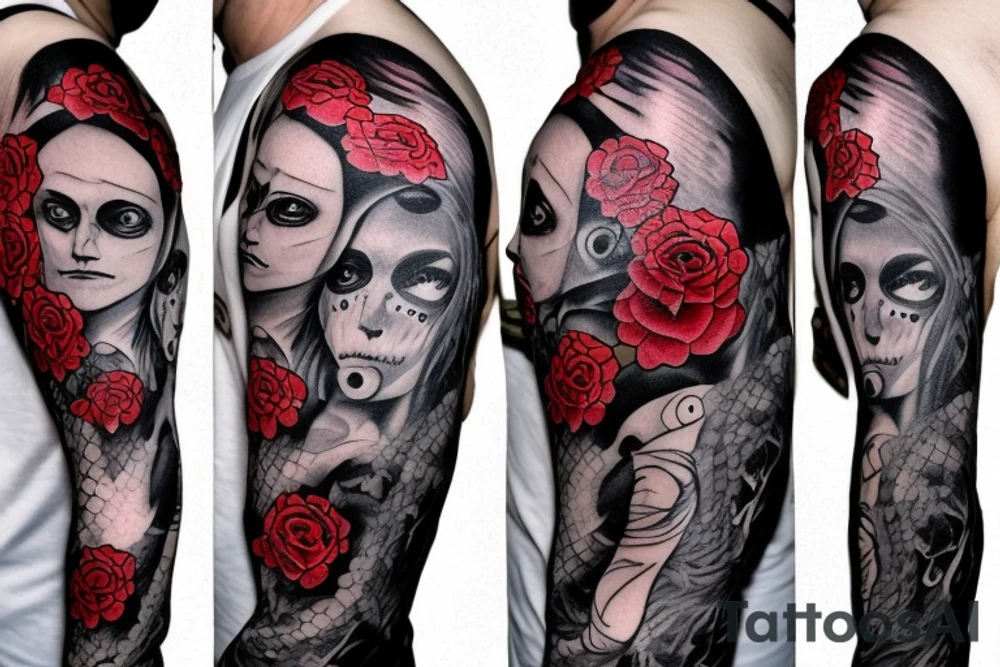 full sleeve with side neck, trash polka, , black and red tattoo idea