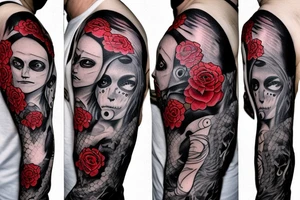 full sleeve with side neck, trash polka, , black and red tattoo idea