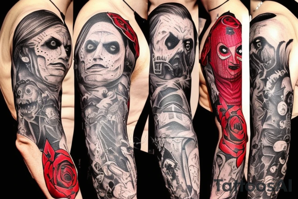 full sleeve with side neck, trash polka, , black and red tattoo idea