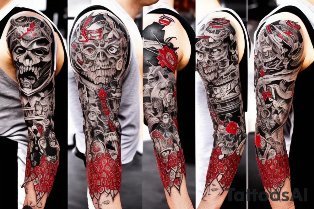 full sleeve with side neck, trash polka, , black and red tattoo idea