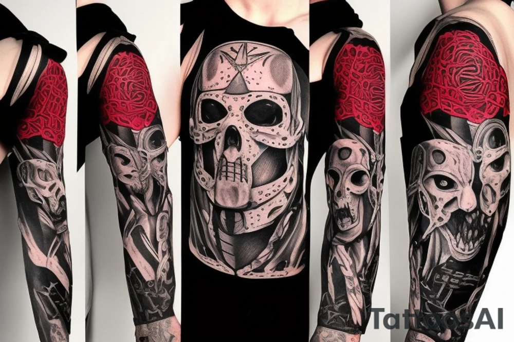 full sleeve with side neck, trash polka, , black and red tattoo idea