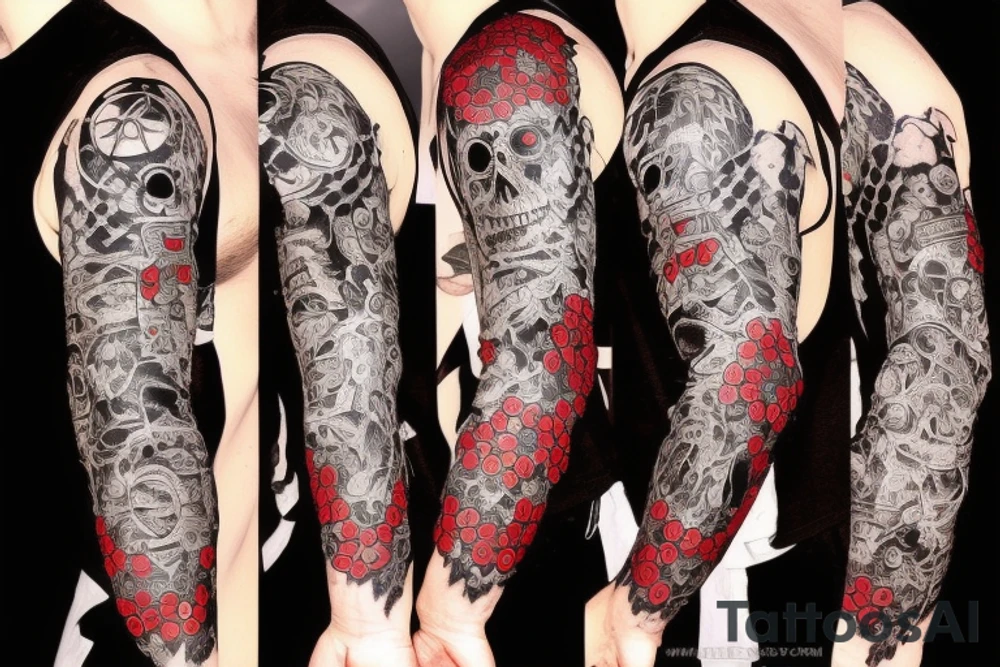 full sleeve with side neck, trash polka, , black and red tattoo idea