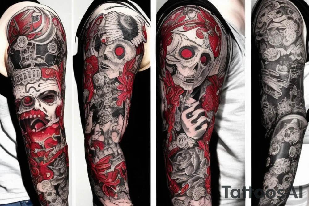 full sleeve with side neck, trash polka, , black and red tattoo idea