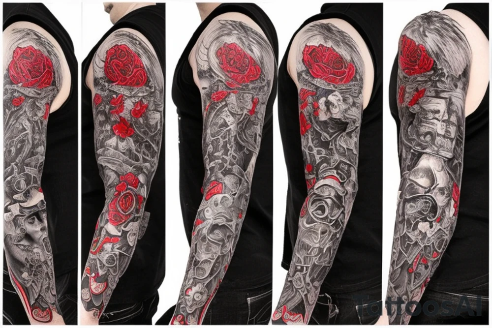 full sleeve with side neck, trash polka, , black and red tattoo idea