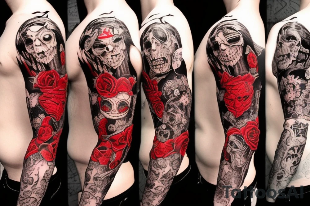 full sleeve with side neck, trash polka, , black and red tattoo idea