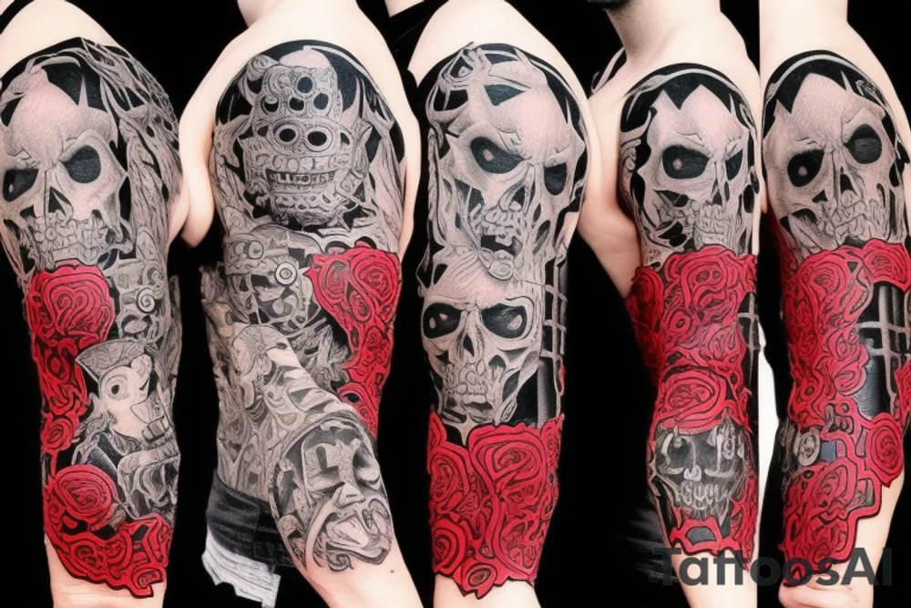 full sleeve with side neck, trash polka, , black and red tattoo idea
