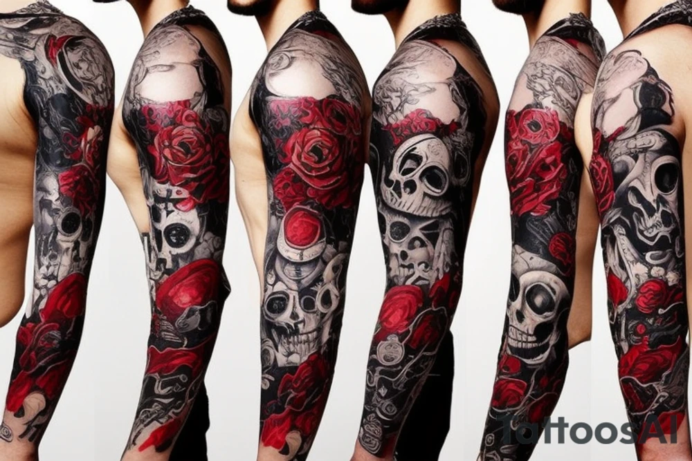 full sleeve with side neck, trash polka, , black and red tattoo idea