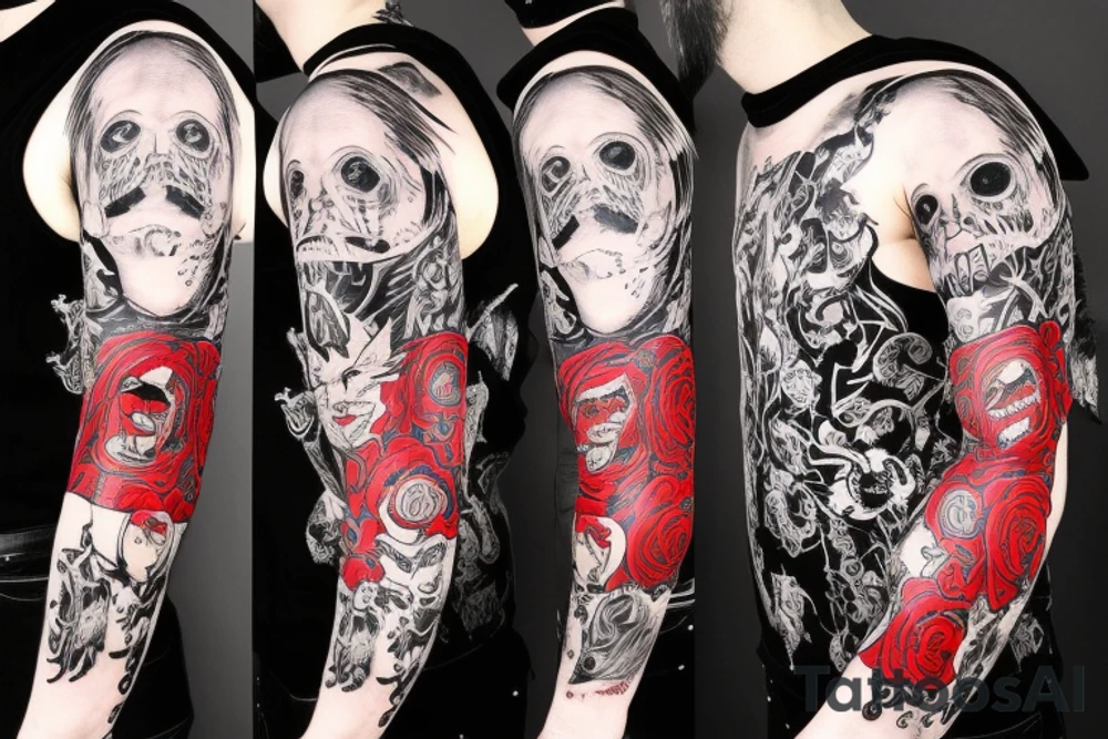 full sleeve with side neck, trash polka, , black and red tattoo idea