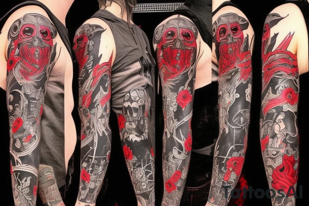 full sleeve with side neck, trash polka, , black and red tattoo idea