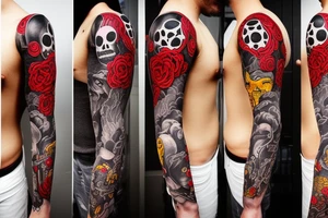 full sleeve with side neck, trash polka, , black and red tattoo idea