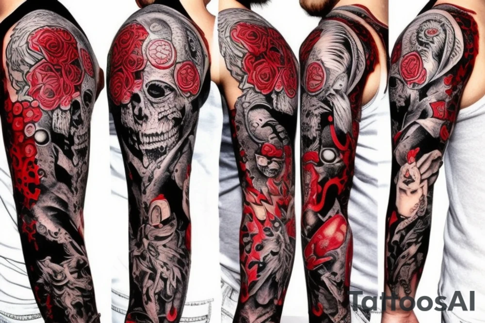 full sleeve with side neck, trash polka, , black and red tattoo idea