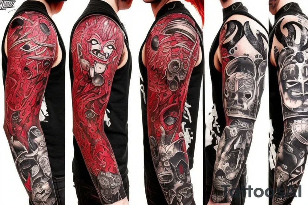 full sleeve with side neck, trash polka, , black and red tattoo idea