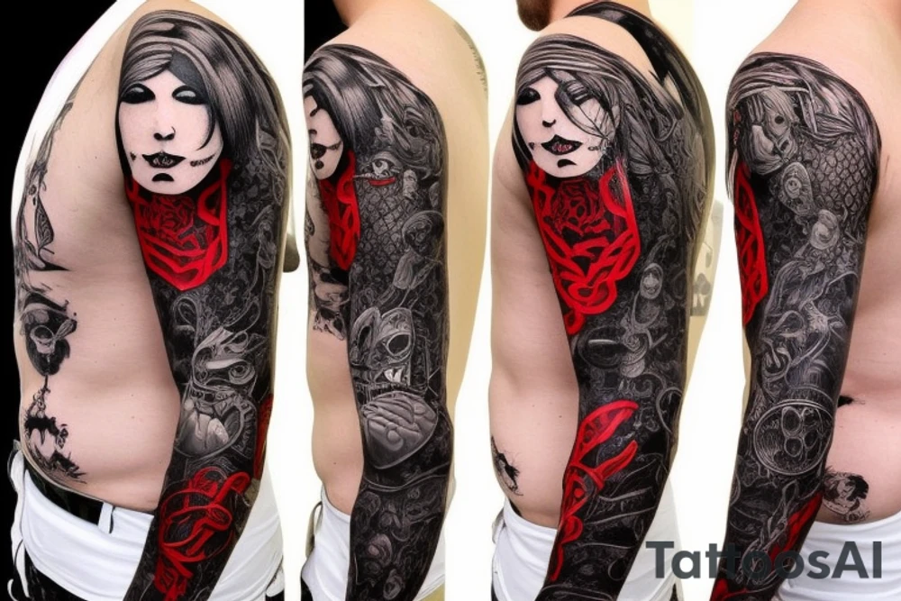 full sleeve with side neck, trash polka, , black and red tattoo idea