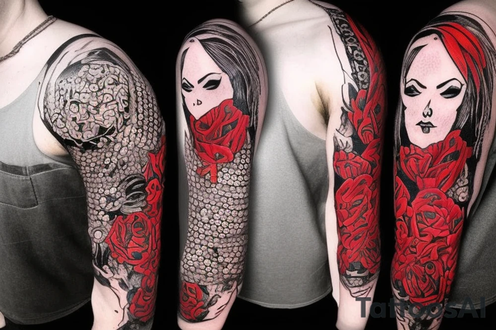 full sleeve with side neck, trash polka, , black and red tattoo idea