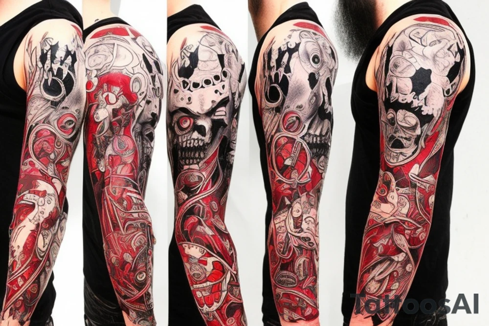 full sleeve with side neck, trash polka, , black and red tattoo idea
