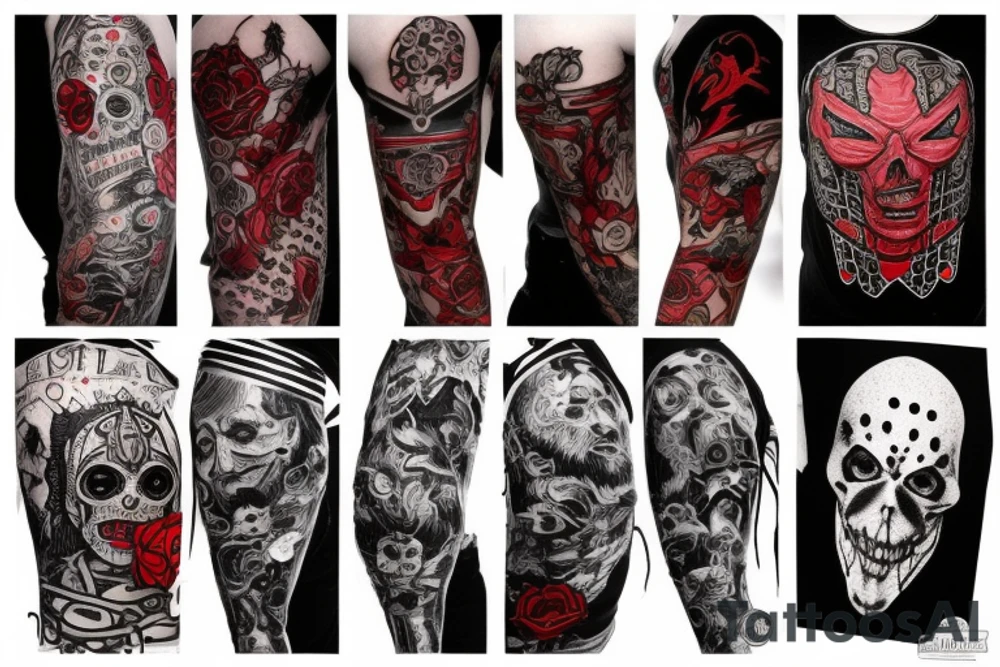 full sleeve with side neck, trash polka, , black and red tattoo idea
