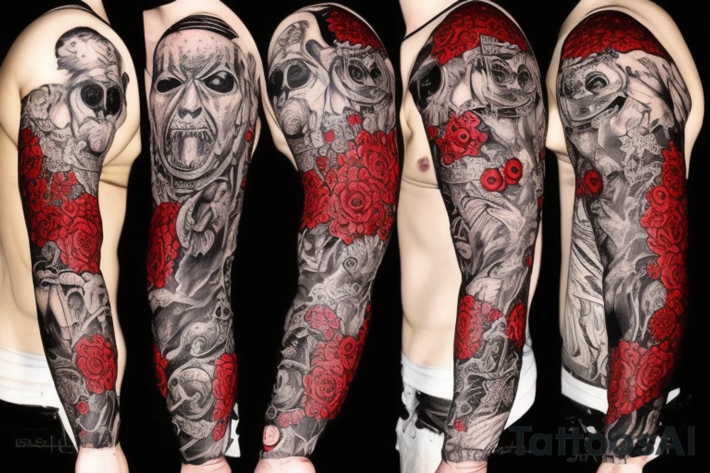 full sleeve with side neck, trash polka, , black and red tattoo idea