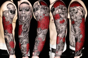 full sleeve with side neck, trash polka, , black and red tattoo idea