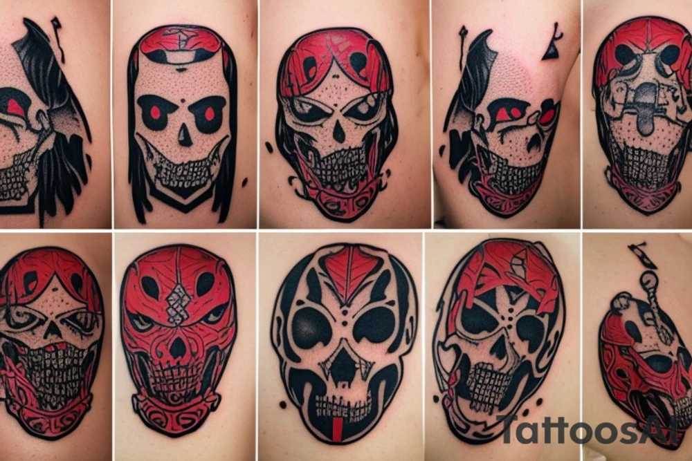 full sleeve with side neck, trash polka, , black and red tattoo idea