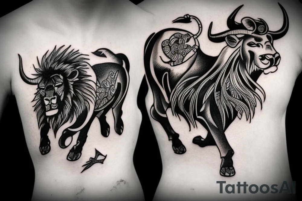 Black bull running away from a lion in a friendly way tattoo idea