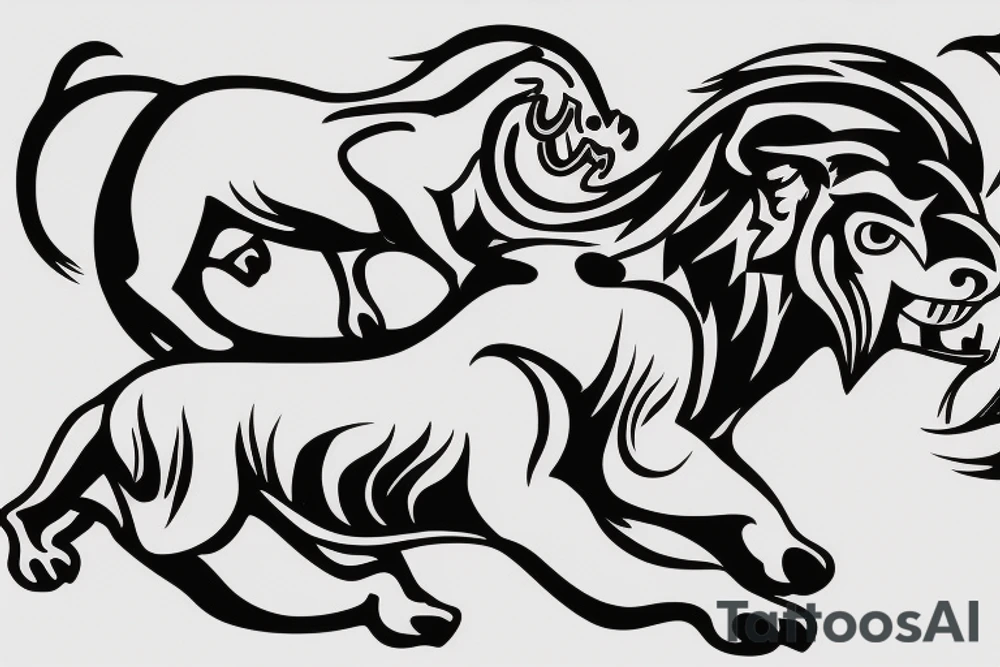Black bull running away from a lion in a friendly way tattoo idea