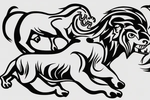 Black bull running away from a lion in a friendly way tattoo idea