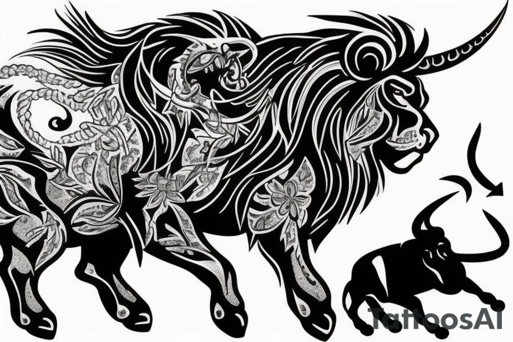Black bull running away from a lion in a friendly way tattoo idea