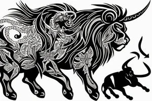 Black bull running away from a lion in a friendly way tattoo idea