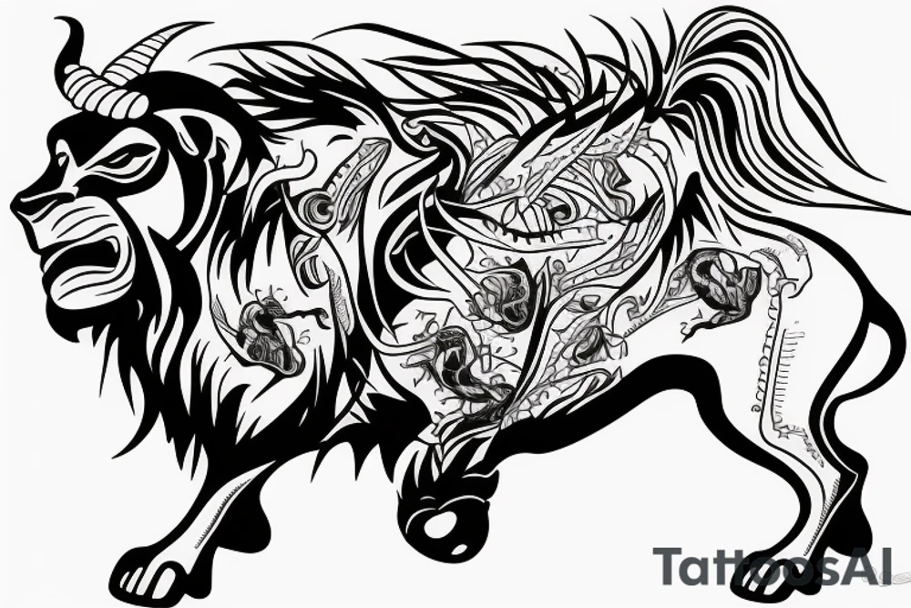 Black bull running away from a lion in a friendly way tattoo idea
