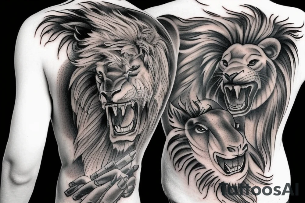 Black bull running away from a lion in a friendly way tattoo idea