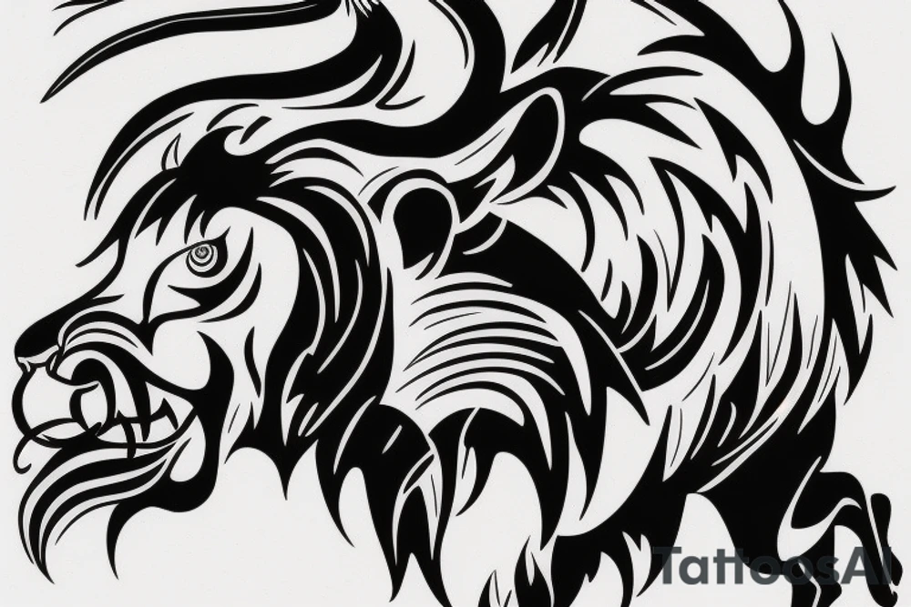 Black bull running away from a lion in a friendly way tattoo idea