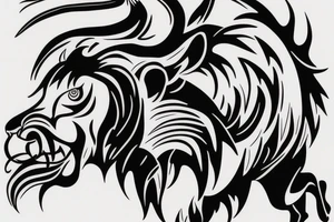 Black bull running away from a lion in a friendly way tattoo idea