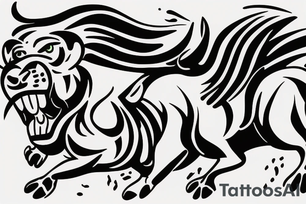 Black bull running away from a lion in a friendly way tattoo idea