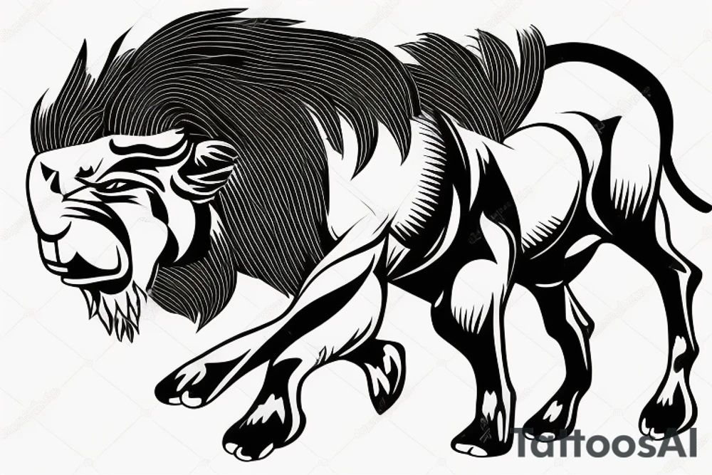 Black bull running away from a lion in a friendly way tattoo idea