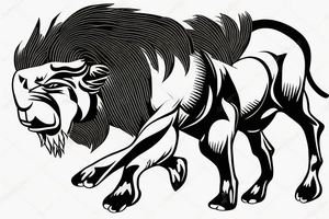 Black bull running away from a lion in a friendly way tattoo idea