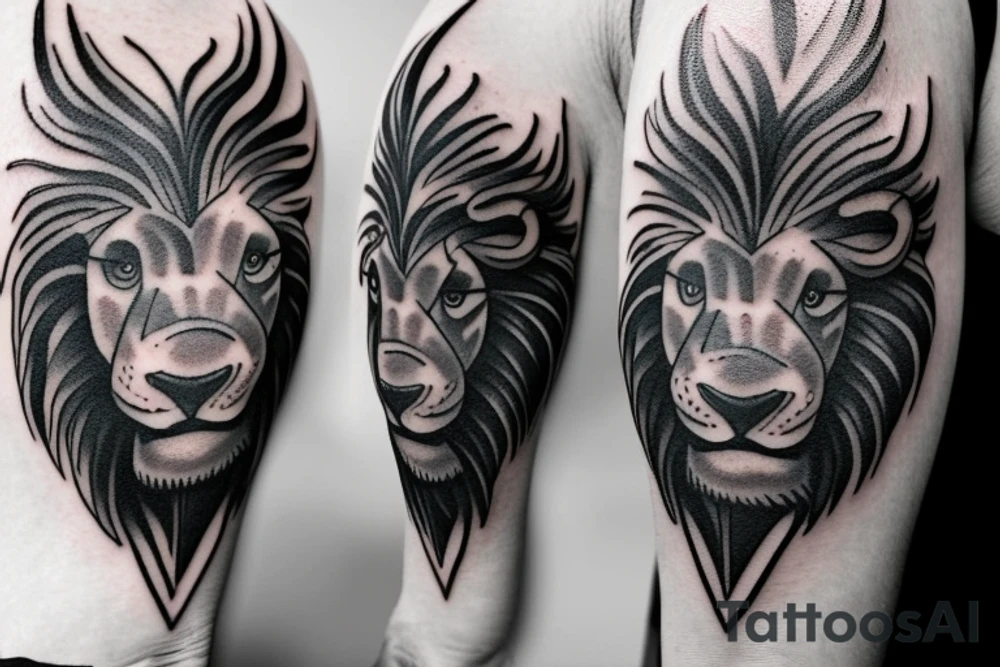 Black bull running away from a lion in a friendly way tattoo idea