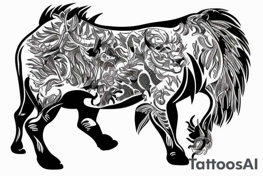 Black bull running away from a lion in a friendly way tattoo idea