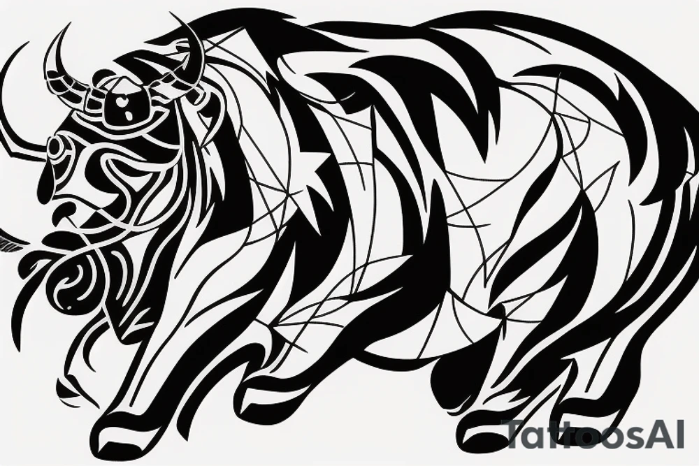 Black bull running away from a lion in a friendly way tattoo idea