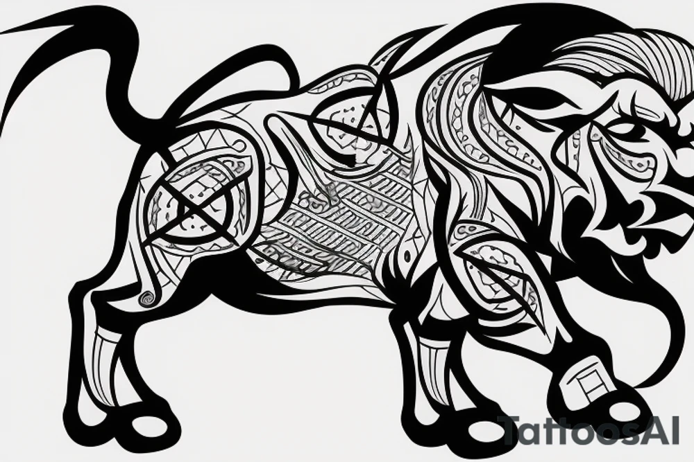 Black bull running away from a lion in a friendly way tattoo idea