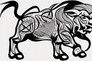 Black bull running away from a lion in a friendly way tattoo idea