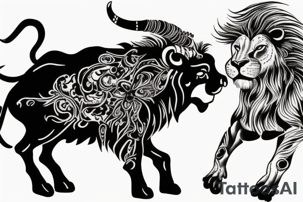 Black bull running away from a lion in a friendly way tattoo idea