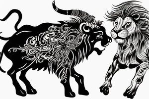 Black bull running away from a lion in a friendly way tattoo idea