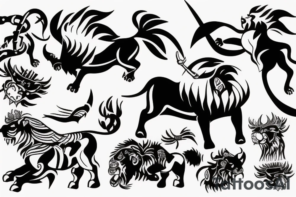 Black bull running away from a lion in a friendly way tattoo idea