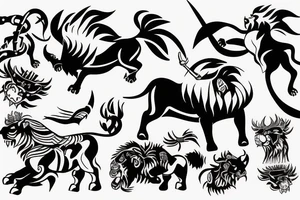 Black bull running away from a lion in a friendly way tattoo idea