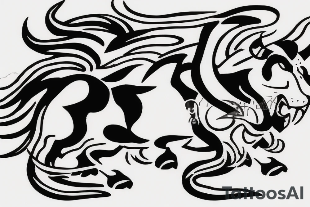 Black bull running away from a lion in a friendly way tattoo idea