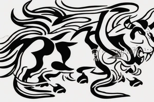 Black bull running away from a lion in a friendly way tattoo idea